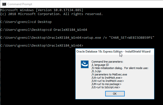 Oracle Database 18c XE Character Set command line error