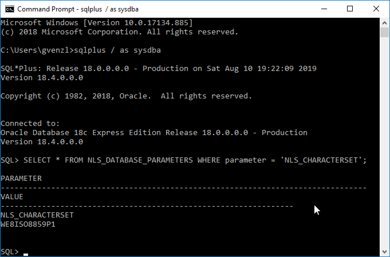 Oracle Database 18c XE Character Set SQL