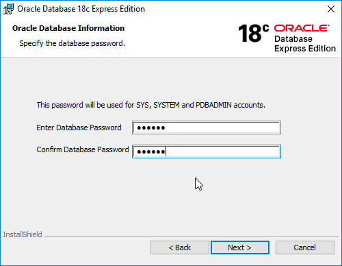 Oracle Database 18c XE Database password