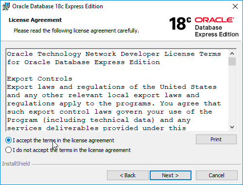 Oracle Database 18c XE License screen