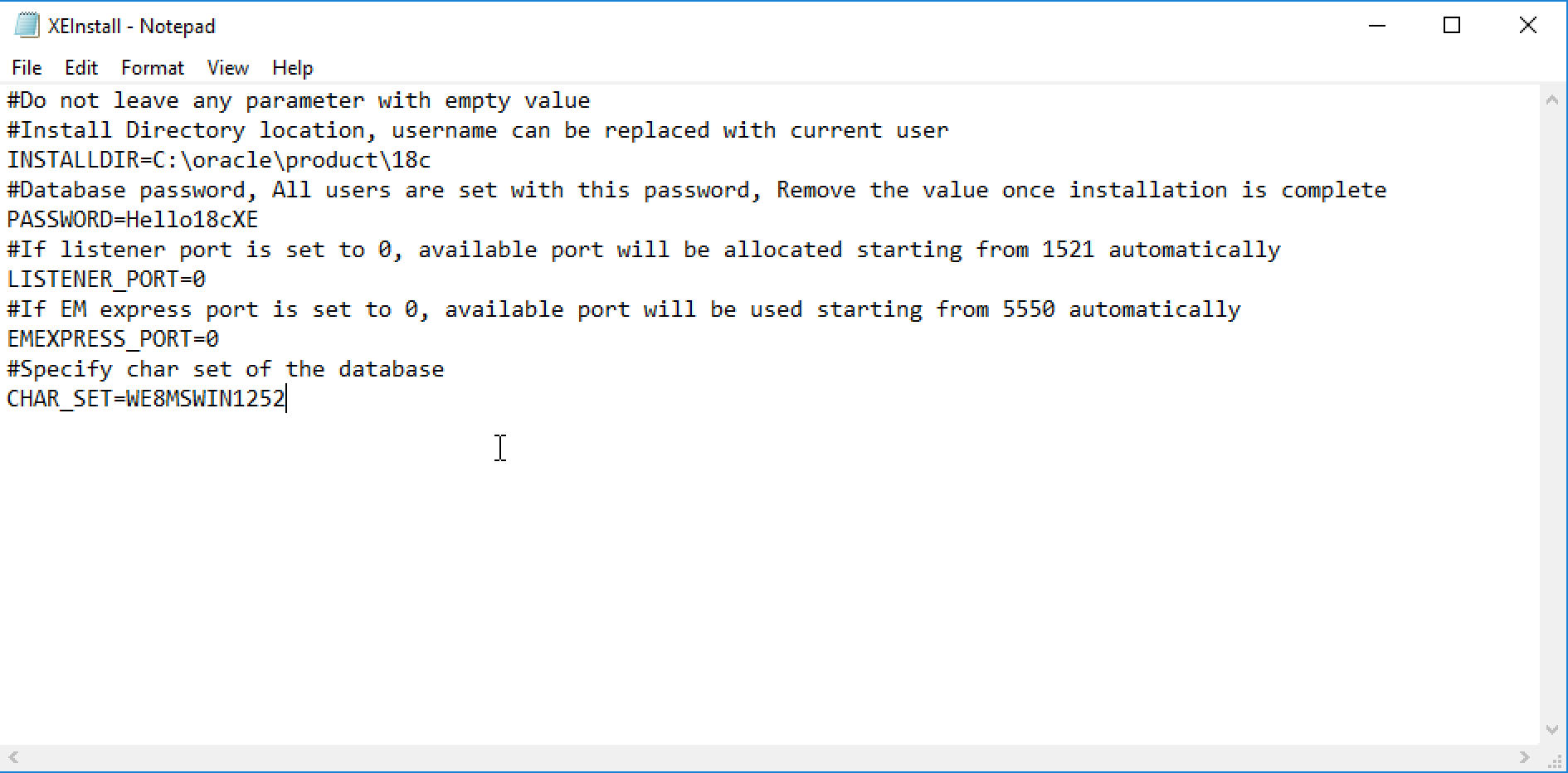 Oracle Database 18c XE Silent Install Response File values