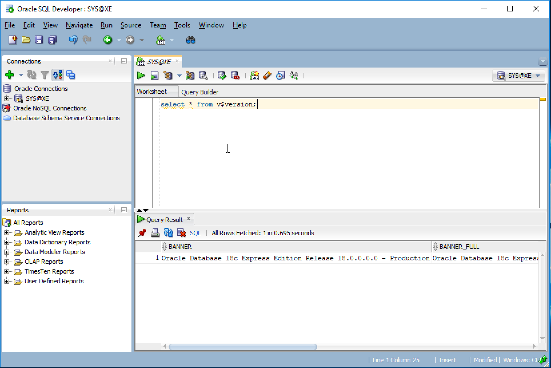 Oracle Database 18c XE SQLDeveloper Connection Success