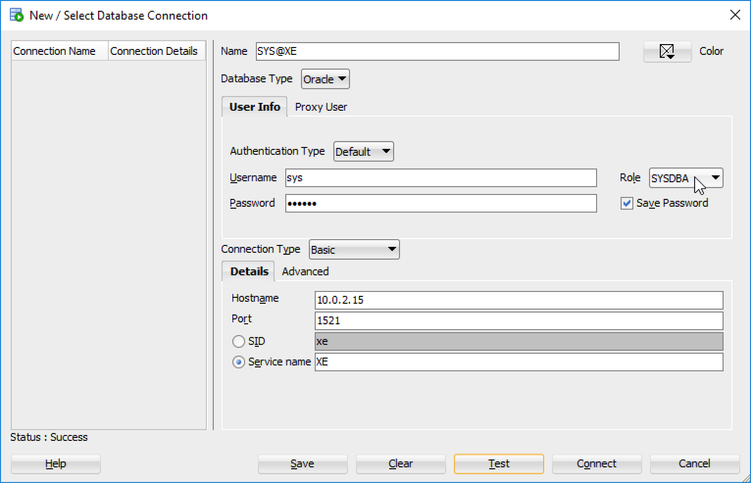 Oracle Database 18c XE SQLDeveloper XE Connection Details