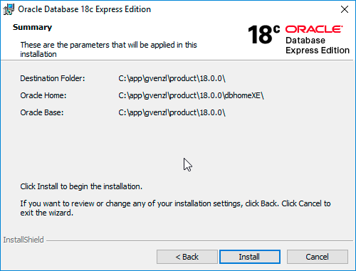 Oracle Database 18c XE Summary screen